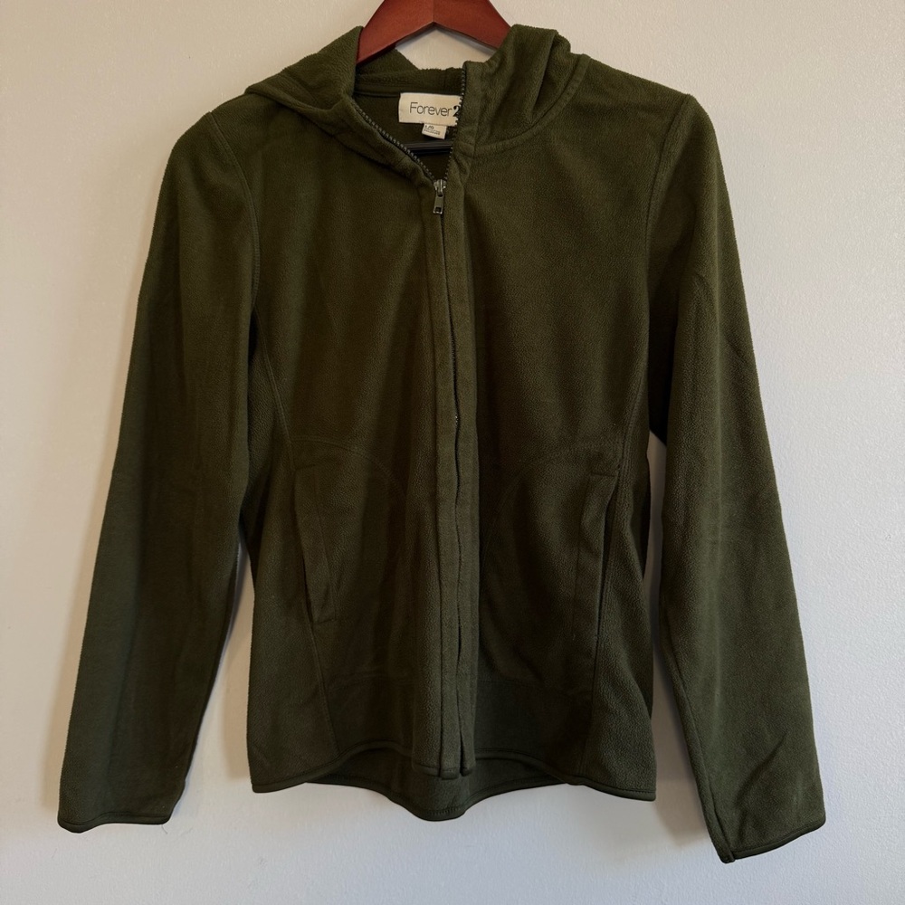 Forever 21 Olive Green Zip-Up Fleece Hoodie Women Size L
